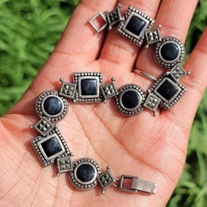 Heavy, chunky, and fabulous square and cirle onyx + diamond marcasite sterling